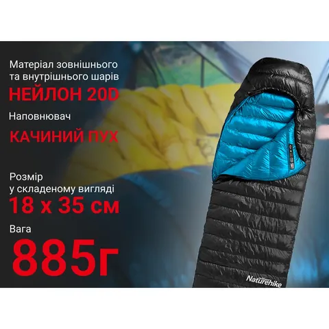 Спальник з натуральним пухом Naturehike CW400 NH18C400-D, p-р L, чорно-блакитний — фото 9