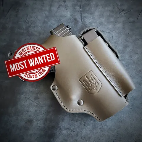Шкіряна кобура поясна під Glock 19 | колір олива з гербом України — фото 2