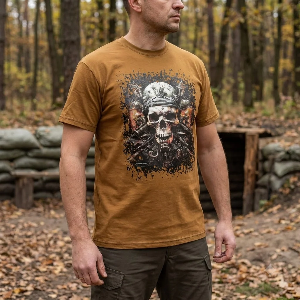 Футболка з принтом Військовий череп коричневий кулір койот