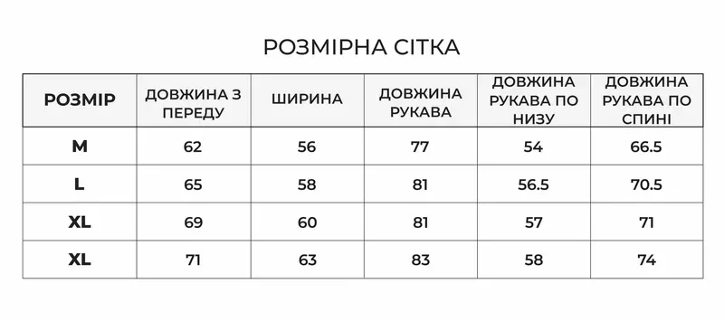 Таблиця розмірів Літня куртка-вітровка сіра