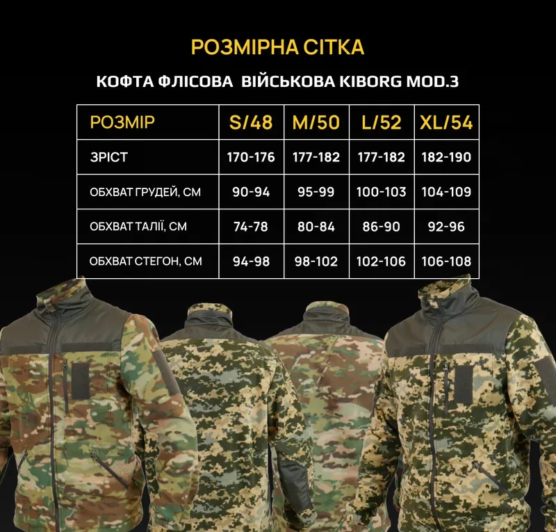 Таблиця розмірів Військова кофта флісова піксель mod. 3