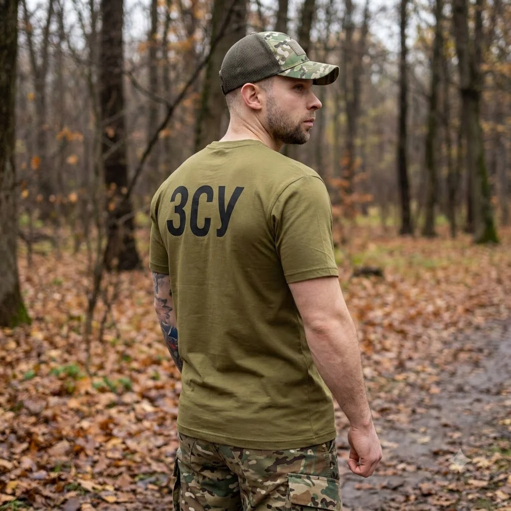 Футболка з принтом Хрест ЗСУ і на спині ЗСУ кулір хакі