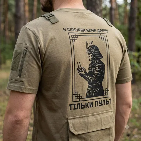 Футболка з принтом У самурая нема дрону кулір шовкографія хакі — фото 3