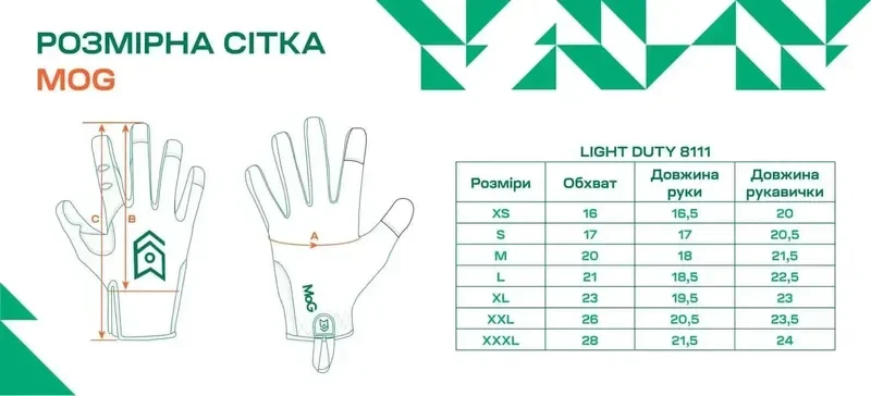Таблиця розмірів Рукавички MOG Target Light Duty рожеві