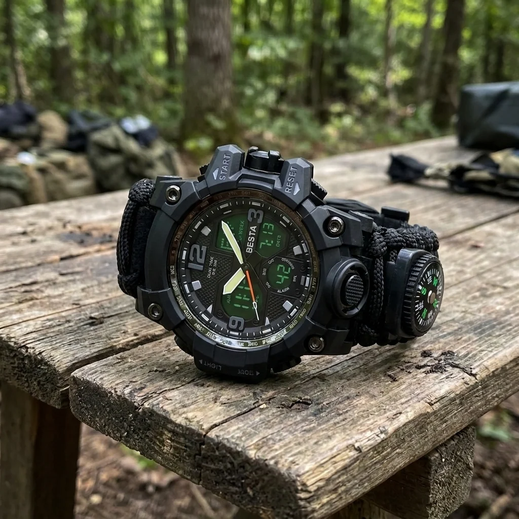 Чоловічий водостійкий тактичний годинник Besta Life Pro AllBlack з компасом