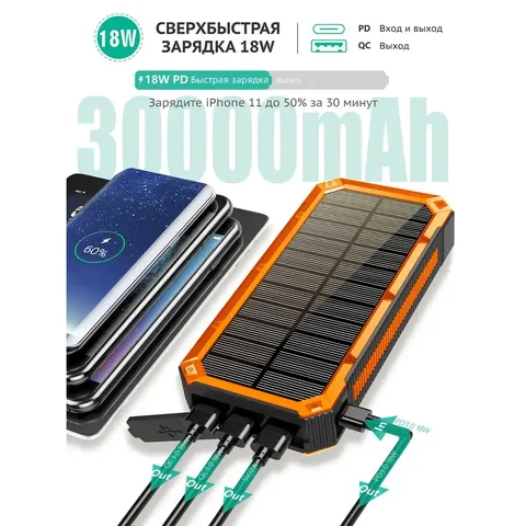 Зарядний пристрій на сонячних батареях iBattery YD-888KW 30000mAh з ліхтариком та бездротовою зарядкою — фото 12
