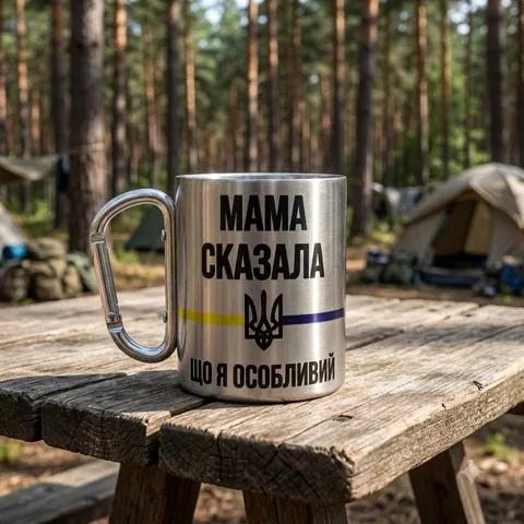 Кружка сталева з карабіном 300 мл сублімація Мама сказала що я особливий