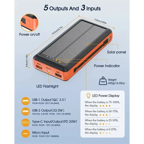 Зарядний пристрій на сонячних батареях Powerbank 619S 20000mAh із ліхтариком та швидкою зарядкою — фото 4