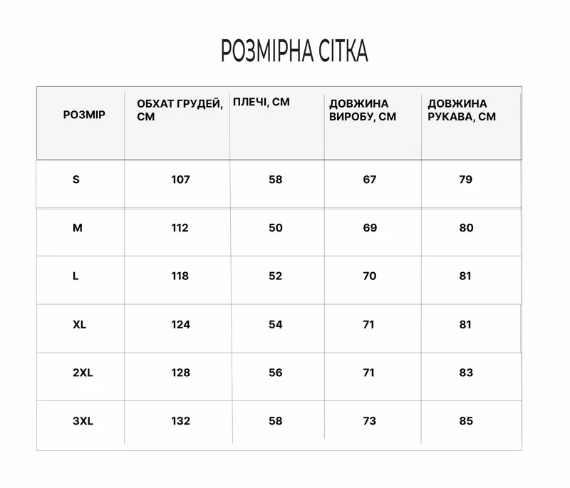 Таблиця розмірів Тактична зимова куртка нової генерації від бренду YINREN