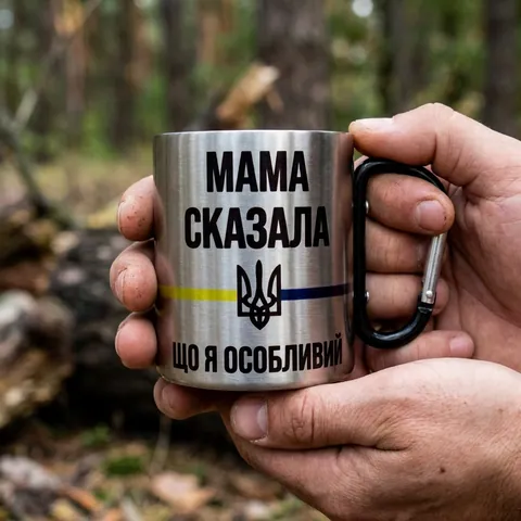 Кружка сталева з карабіном 300 мл сублімація Мама сказала що я особливий — фото 3