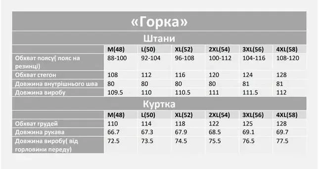 Таблиця розмірів Зимовий костюм горка Піксель