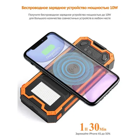 Зарядний пристрій на сонячних батареях iBattery YD-888KW 30000mAh з ліхтариком та бездротовою зарядкою — фото 6