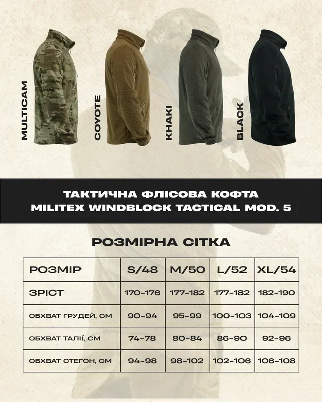 Таблиця розмірів Тактична вітрозахисна флісова кофта Militex mod. 5 Чорна