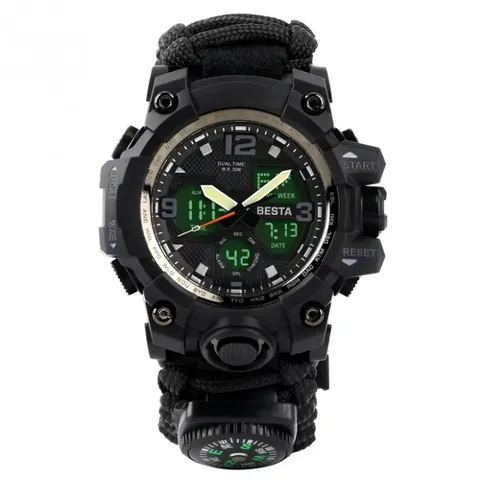 Чоловічий водостійкий тактичний годинник Besta Life Pro AllBlack з компасом — фото 2